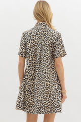 Leopard Print Short Sleeve Pullover Mini Dress Camel