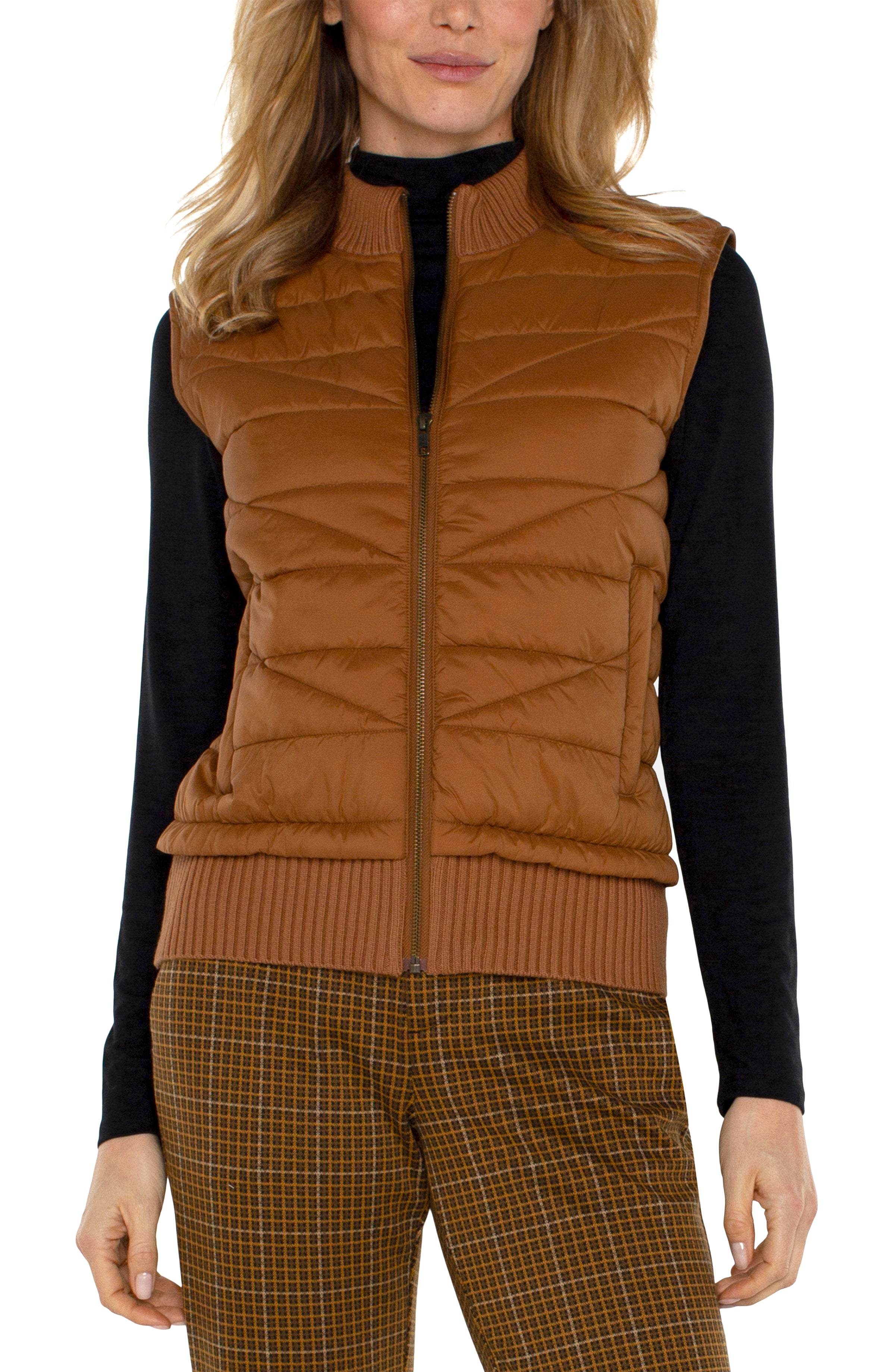 Quilted Front Full Zip Sweater Vest Tumeric