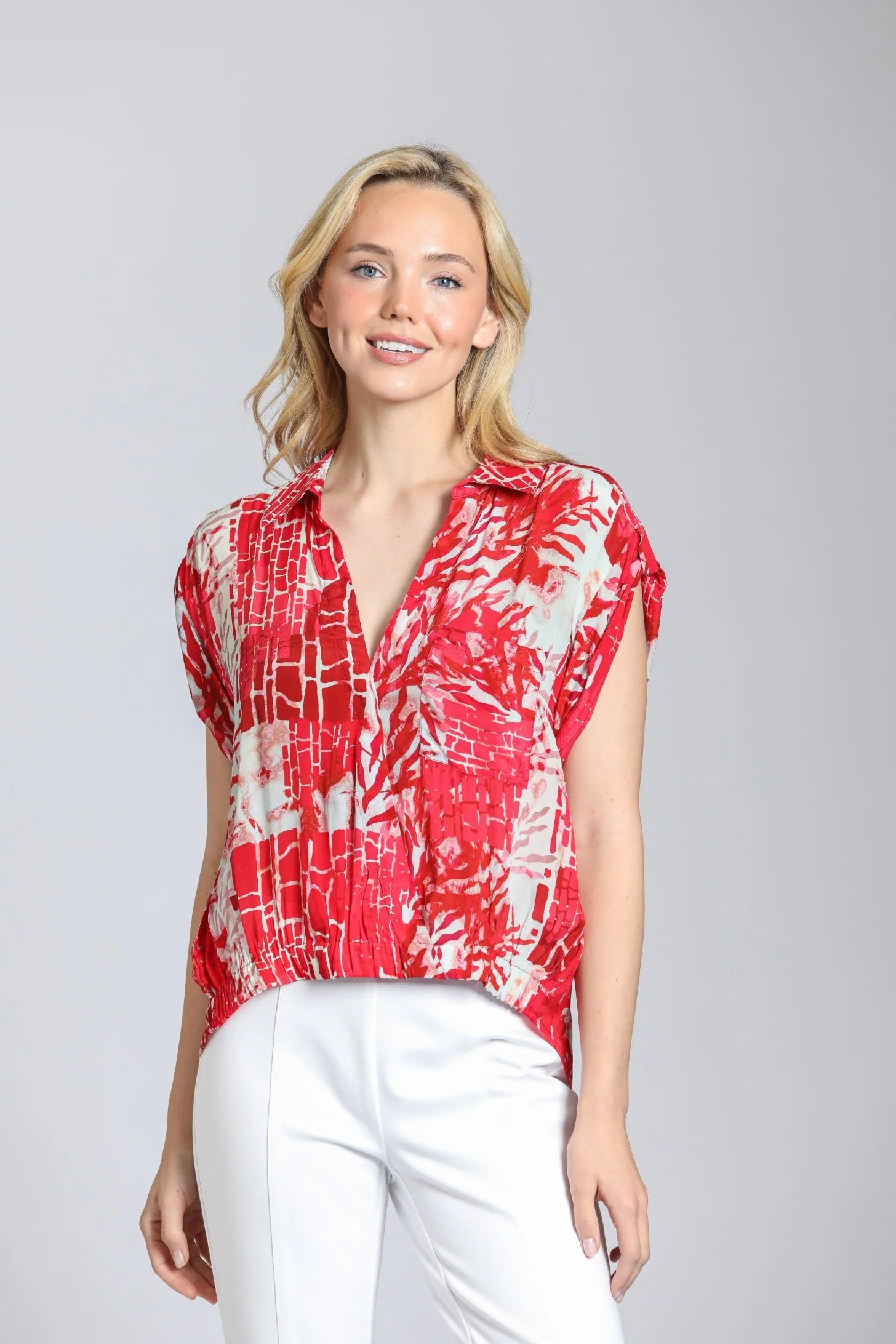 Tabbed Cap Sleeve Printed Wrap Blouse Scarlet Reef