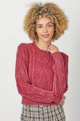 Washed Cropped Cable Knit Scallop Hem Sweater Washed Red