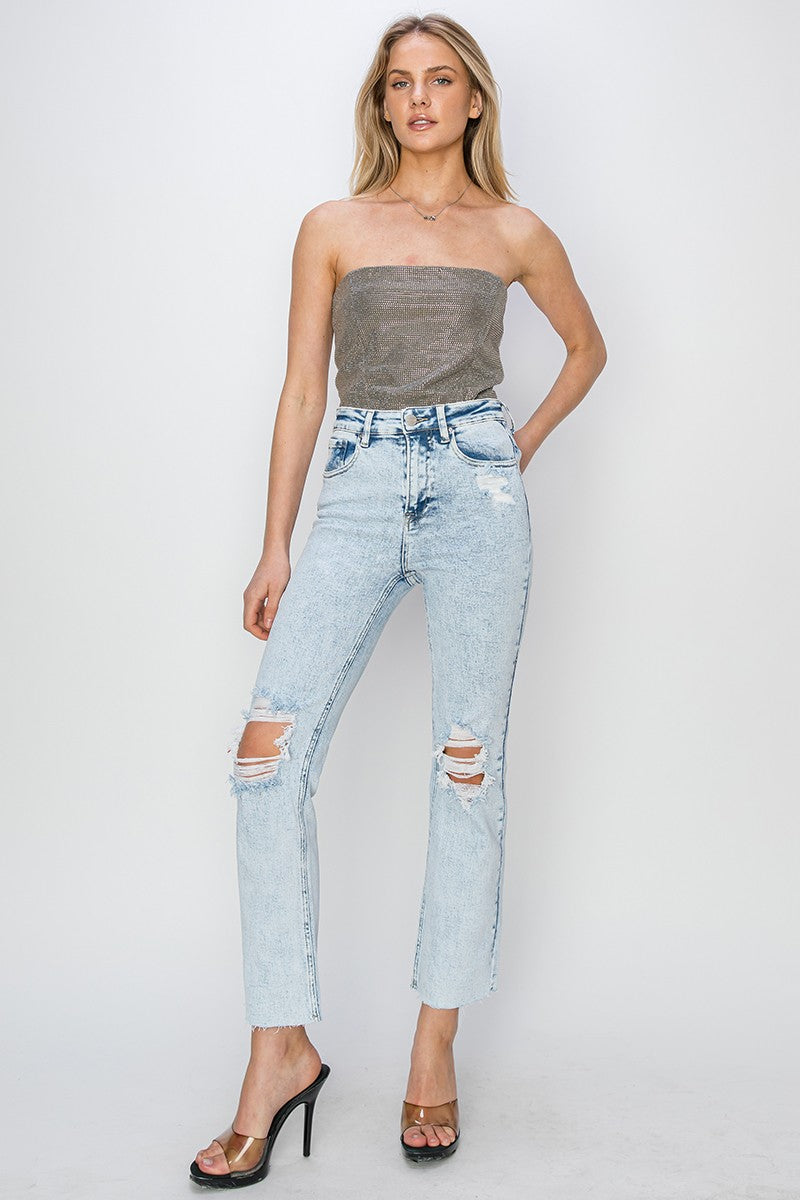 High Rise Distressed Knee Ankle Jeans Acid Light