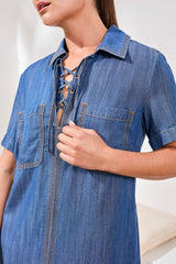 Lace Up Detail Popover Denim Shirt Dress Seaside Blue