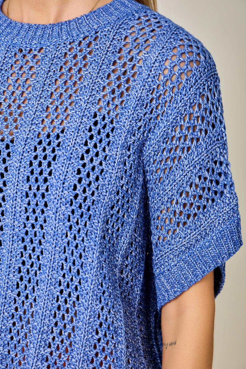 Crochet Dolman Short Sleeve Sweater Royal Blue