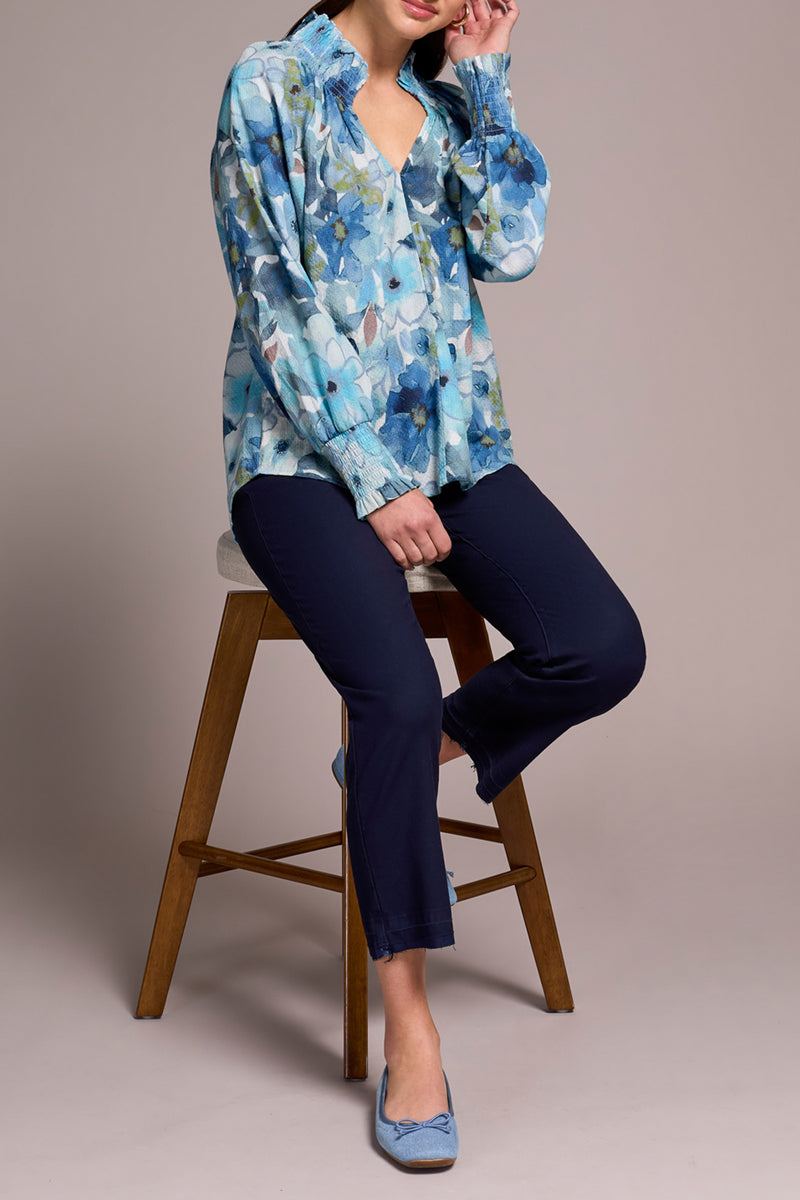 Smocked Details Vneck Blouse Slate Blue