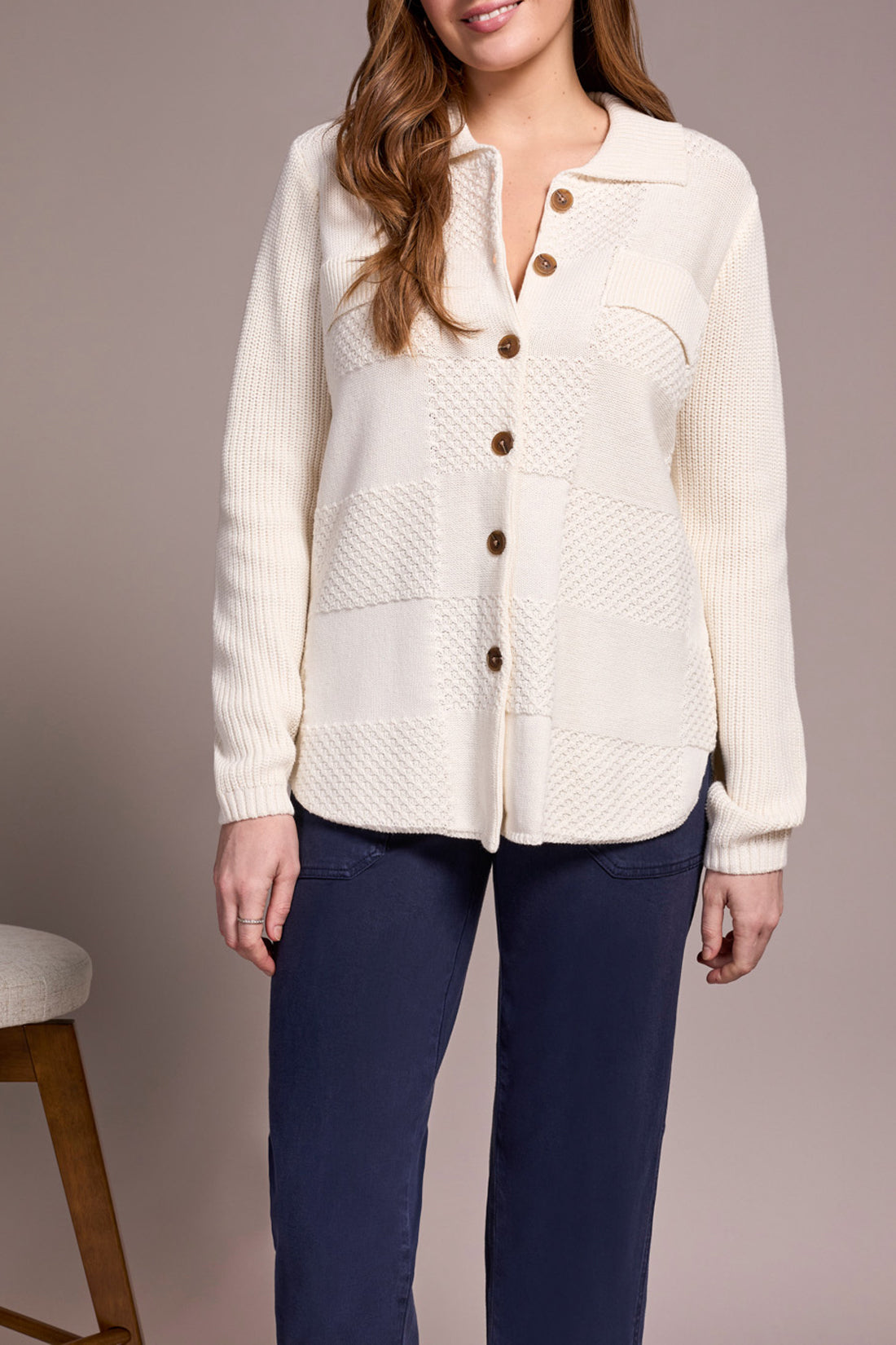 Mix Knit Sweater Special Wash Shacket Cream