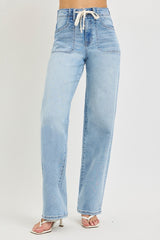 Tied Waistband High Rise Wide Baggy Jeans Light