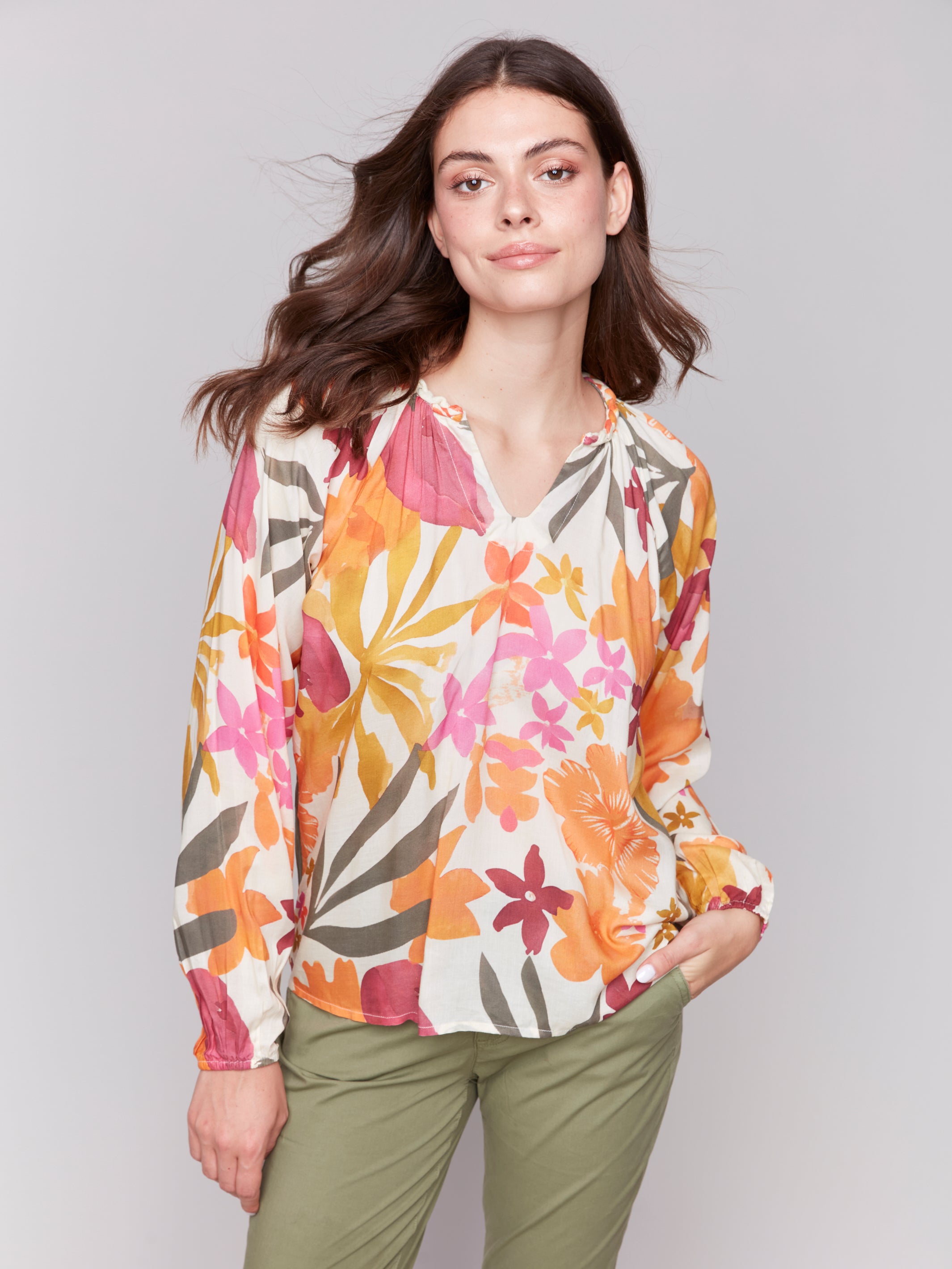 Printed Raglan Sleeve Popover Blouse Bouquet