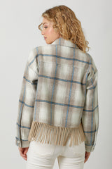 Fringe Hem Buttoned Plaid Jacket Almond + Ivory