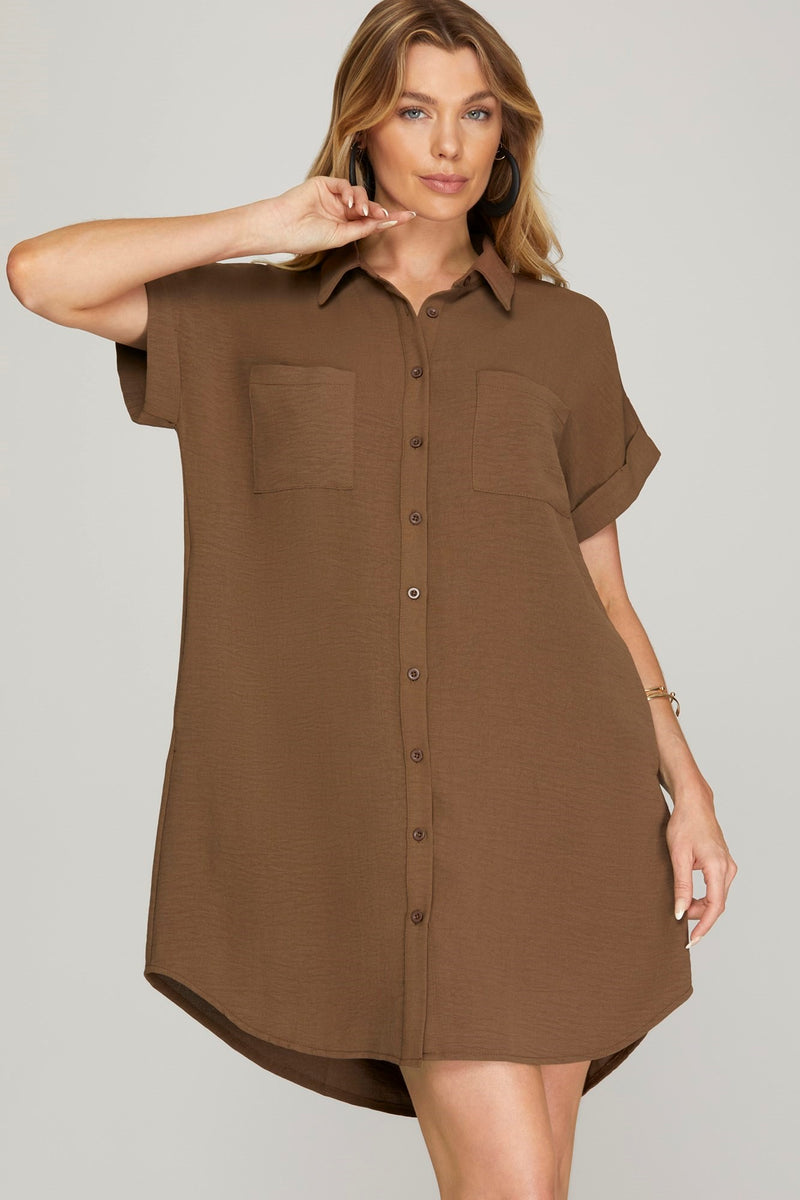 Drop Shoulder Button Up Woven Shirt Dress Ash Brown