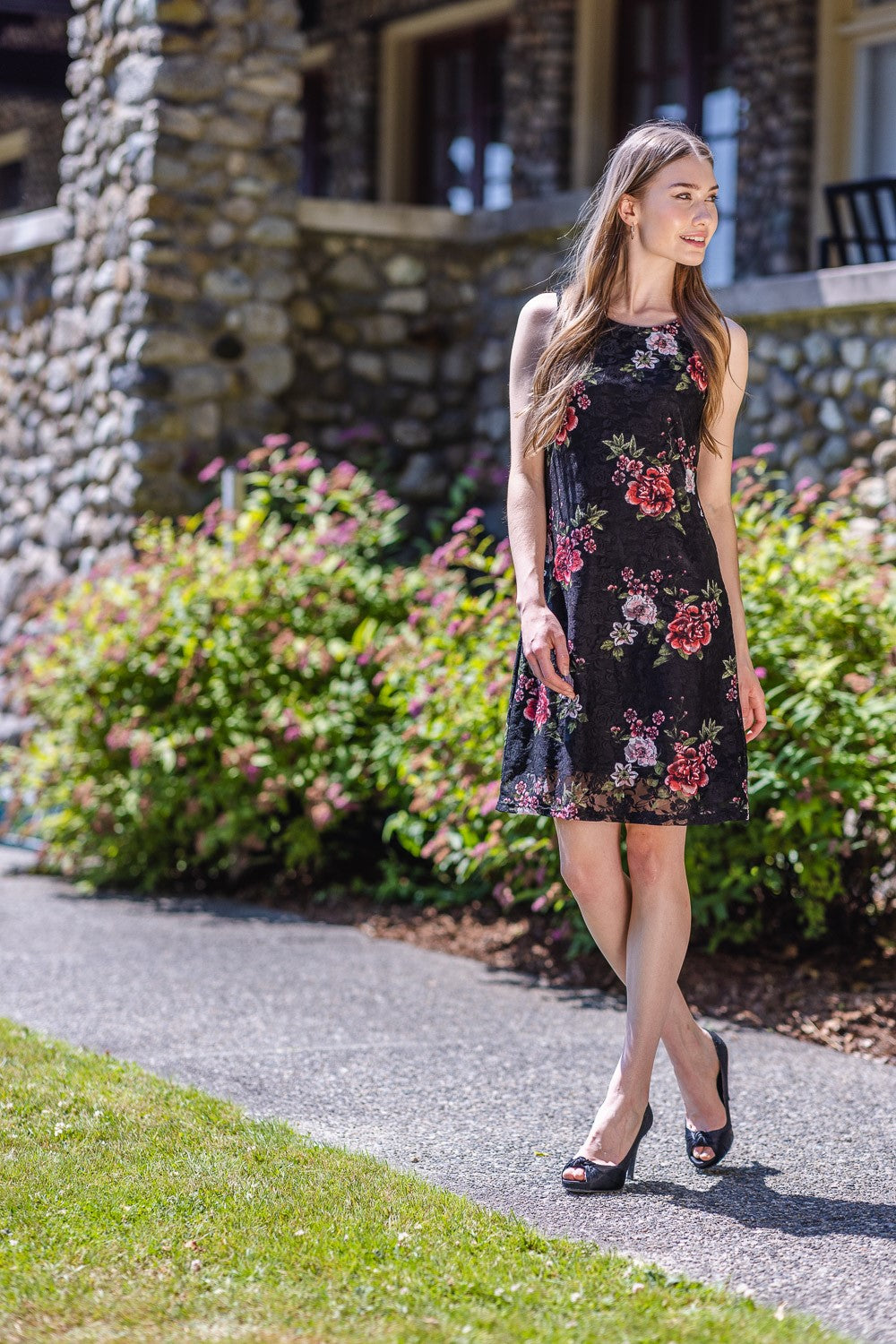 Floral Lace Sleeveless Dress Black
