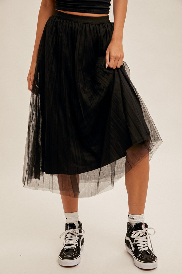 Layered Mesh Pleated Skirt Black