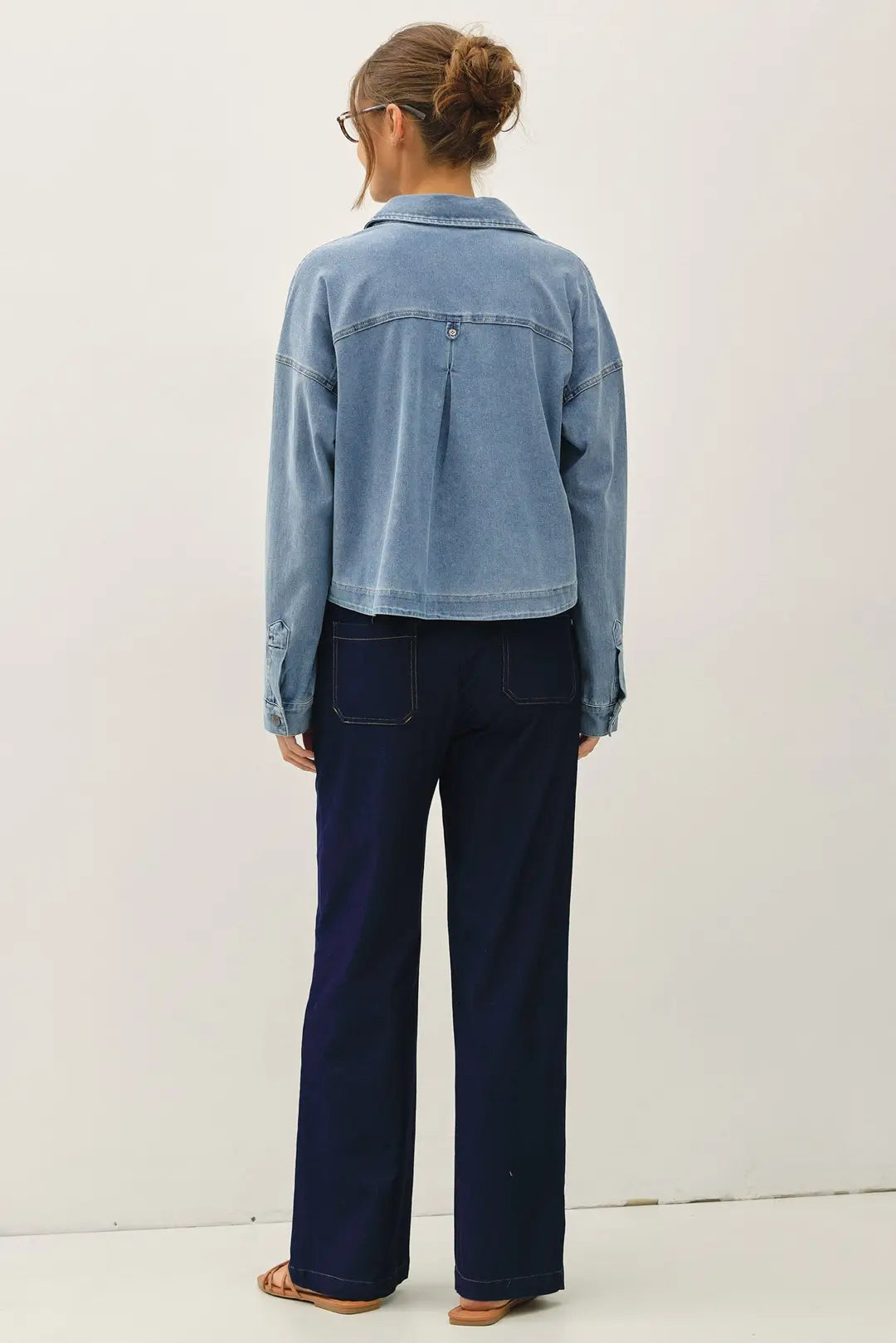 Knit Denim Cropped Shacket Medium Wash