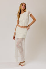 Round Neck Button Down Fitted Lace Top Cream
