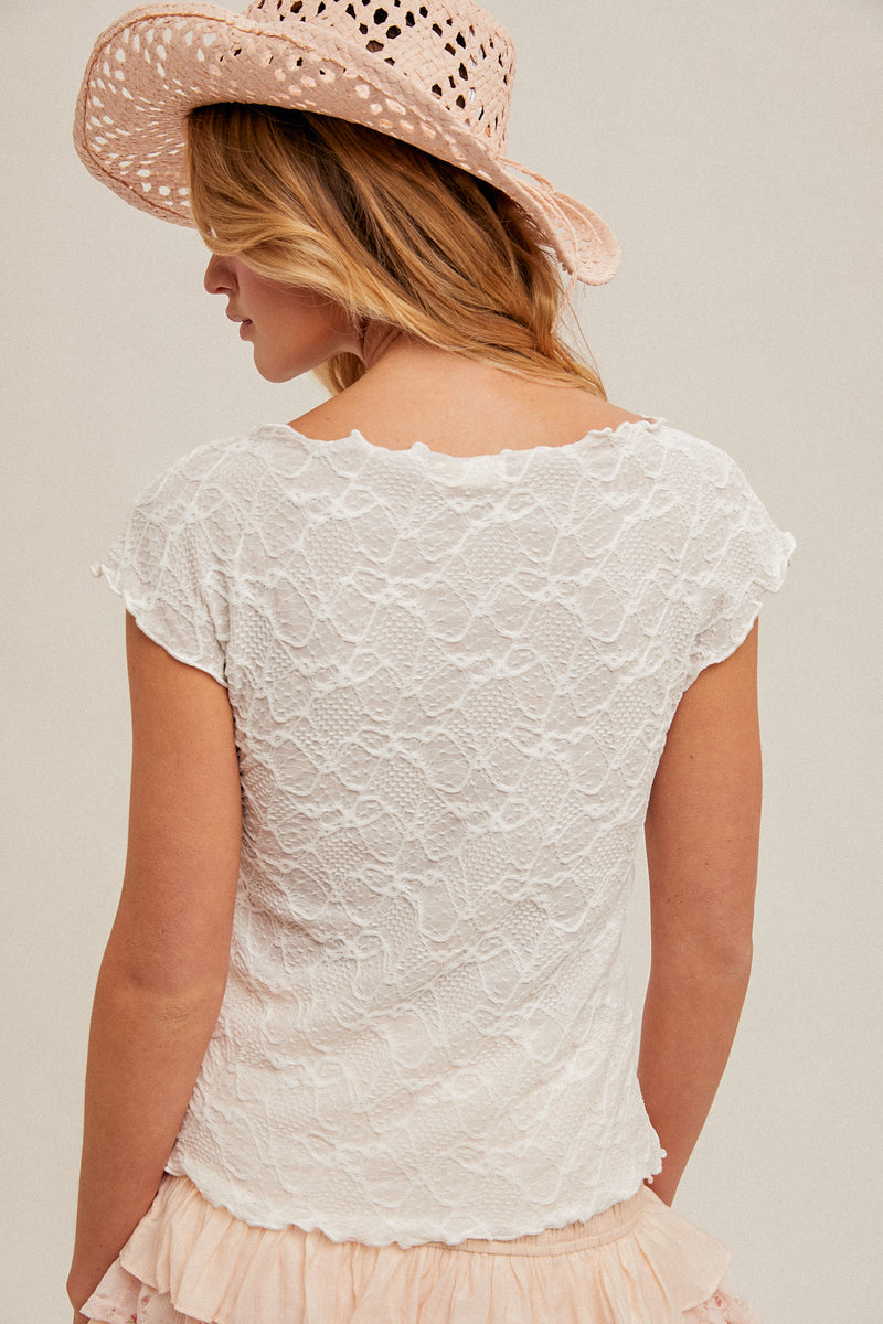Lace Lettuce Edge Boat Neck Knit Top White
