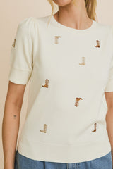 Embroidered Cowboy Boots Puff Sleeve Knit Top Cream