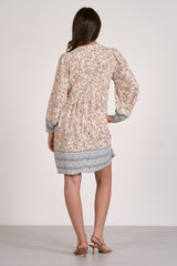 Border Print Floral Tassel Tie Long Sleeve Dress Blue Whimsy