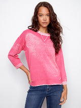 3/4 Sleeve Reversed Print Curved Hem Sweater Fuchsia