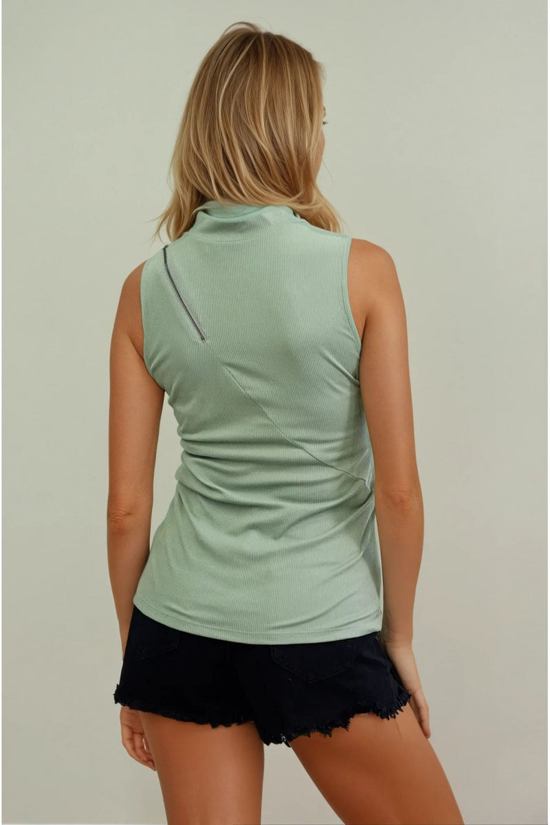 Zip Across Mock Neck Tank Sage