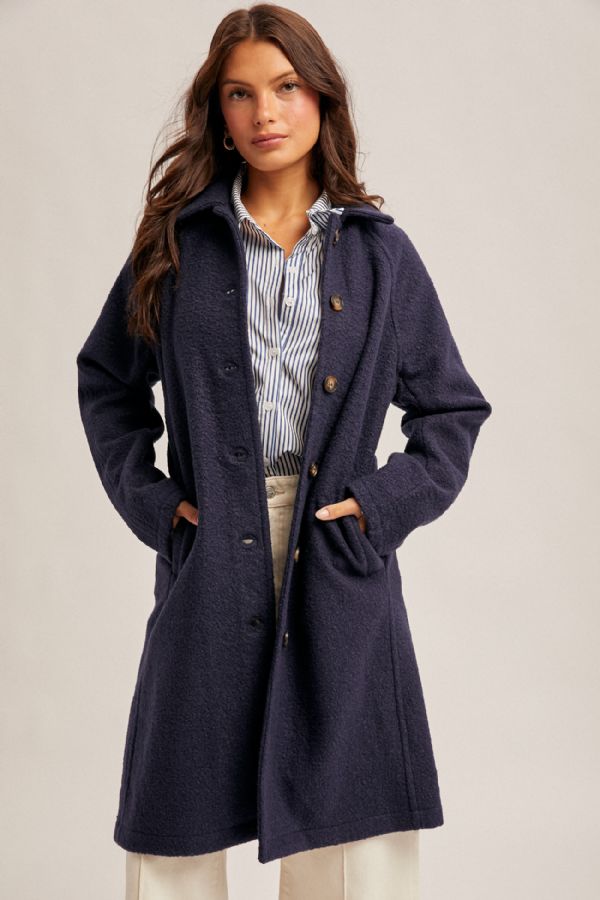 Teddy Textured Button Down Coat Navy