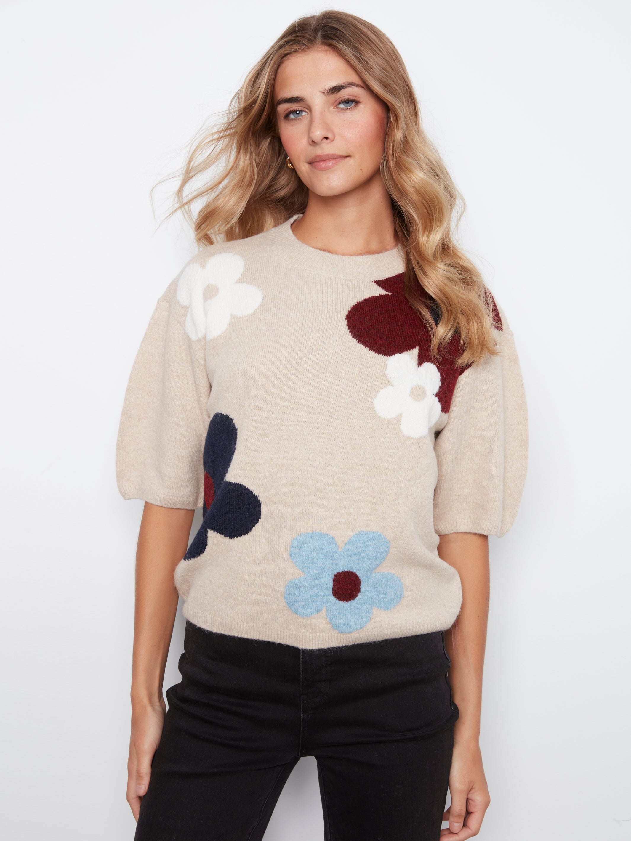 Jacquard Daisy Elbow Sleeve Sweater Multicolor