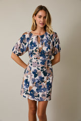 Tied Neckline Floral Elastic Back Mini Dress White Multi