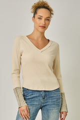 Varigated Rib Washed Pinstripe Cuff Top Cream