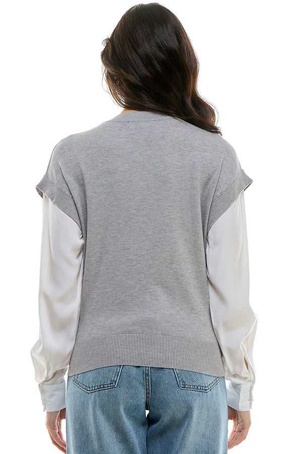 Crystal Studded Two Fer Sweater Top Heather Grey