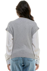 Crystal Studded Two Fer Sweater Top Heather Grey