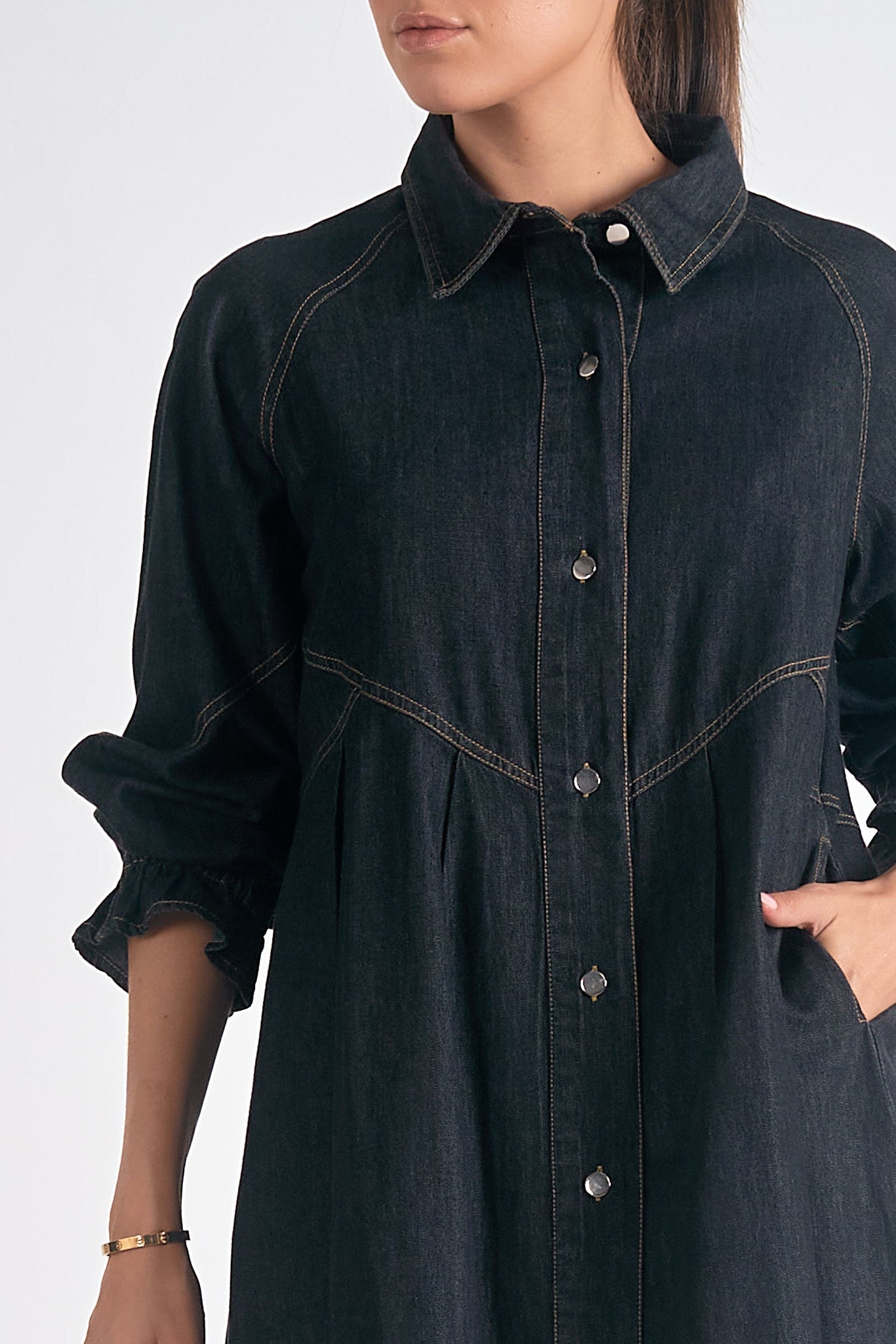 Cinched Ruffle Long Sleeve Button Down Dress Black
