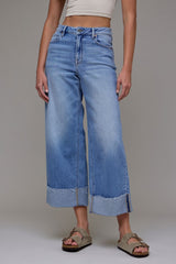 High Rise Nori Wide Leg 4" Cuffed Hem Jeans Medium Light