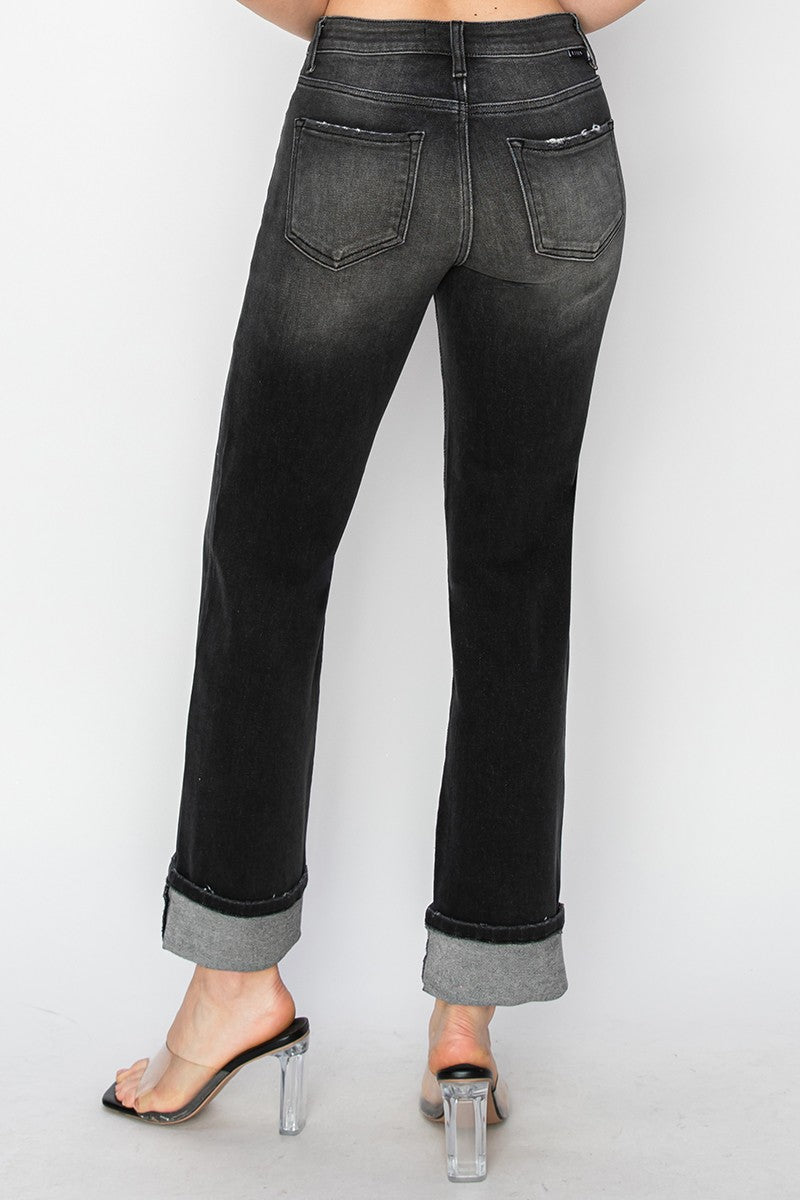 High Rise Straight Turn Up Cuff Jeans Black