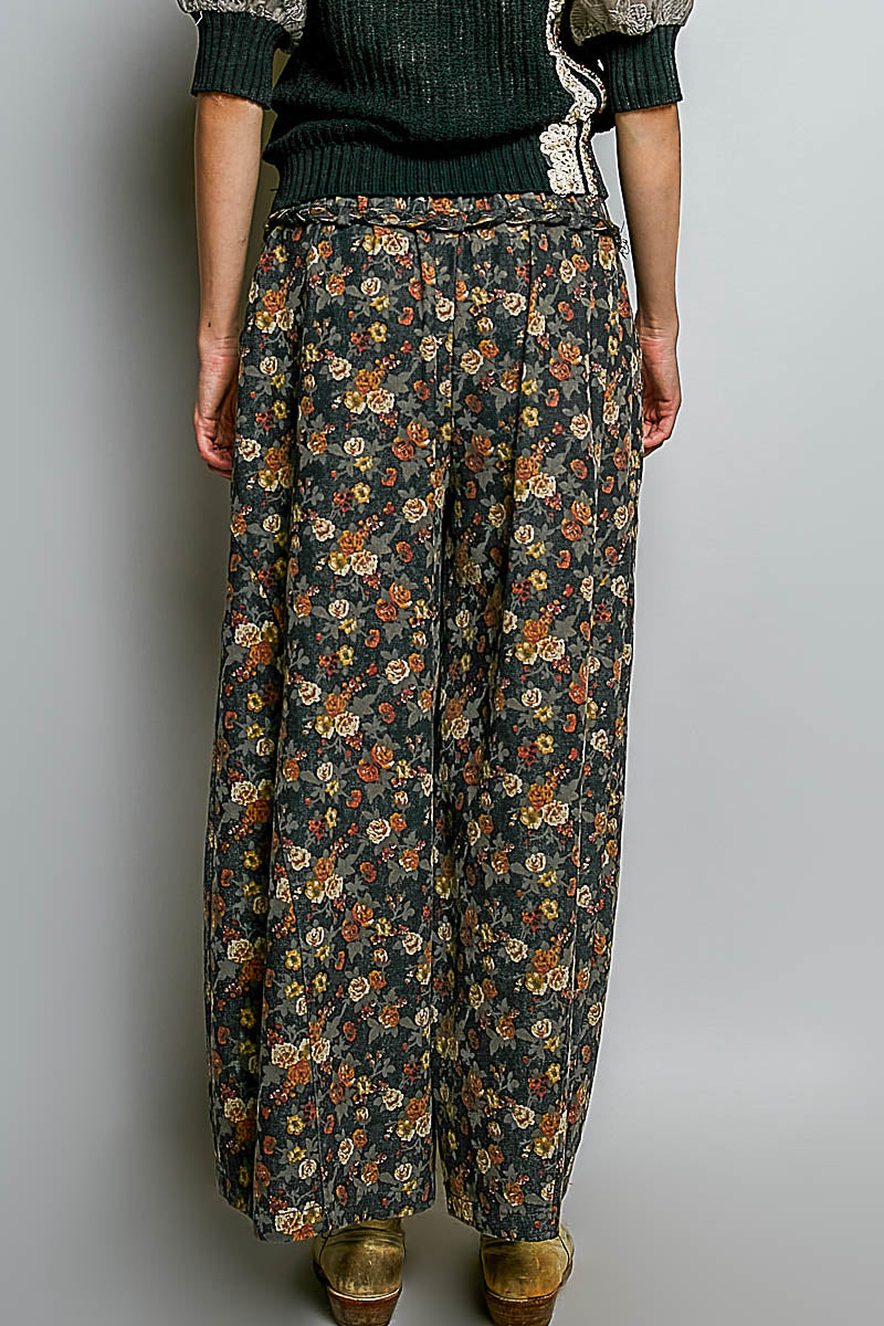 Jacquard Mini Rose Floral Braided Belt Pants Black Floral