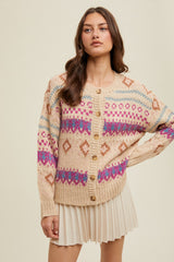 Mixed Diamonds Print Buttoned Cardi Natural + Magenta