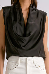 Satin Drape Neck Tank Black