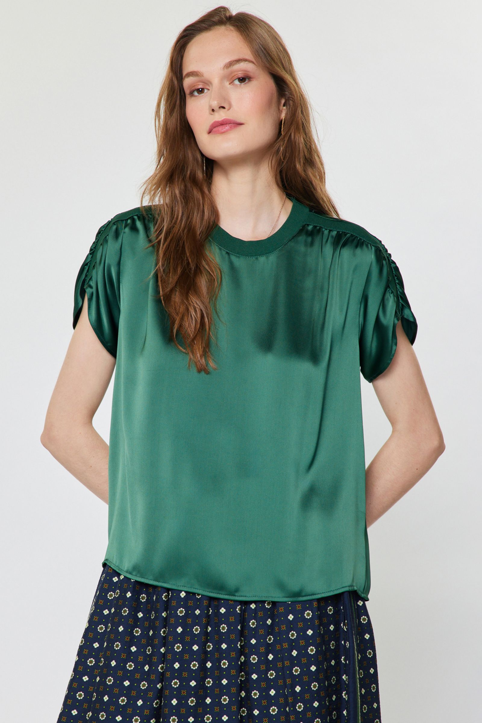 Gathered Shoulder Boxy Satin Top Cypress