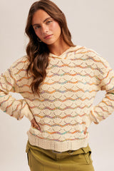 Multi Color Mix Pointelle Stitch Sweater Hoodie Ecru Multi