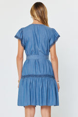 Crochet Edges Tiered Skirt Tie Belt Dress Chambray