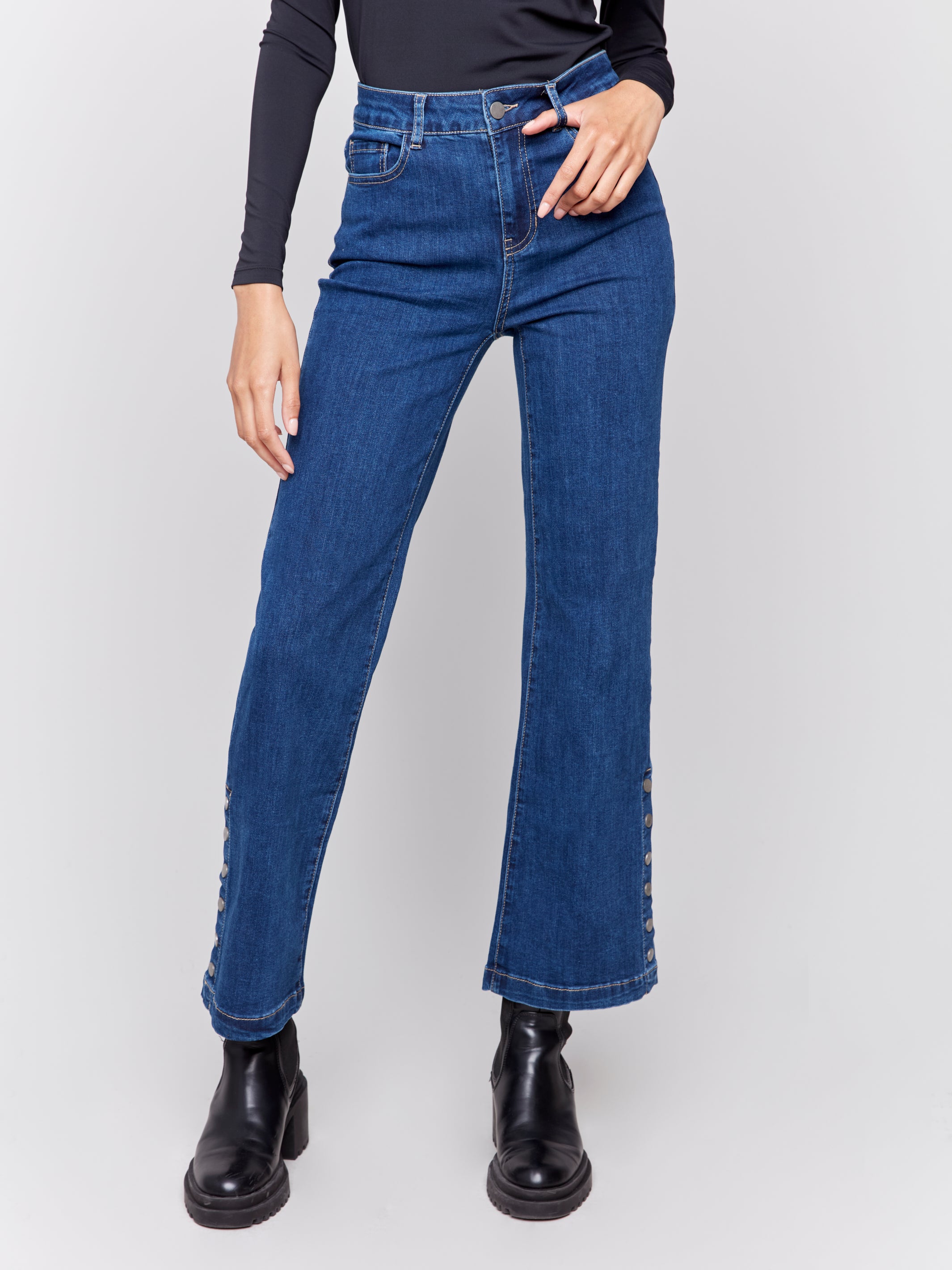 Side Button Flare Leg Jeans Indigo