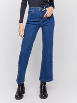 Side Button Flare Leg Jeans Indigo