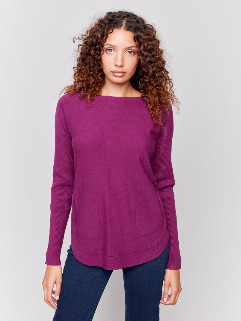 Rounded Hem Plushy Knit Solid Sweater Mulberry