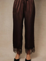 High Waist Lace Hem Satin Pants Brown