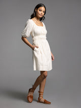 Bardot Gathered Waist Button Detail Dress Creme