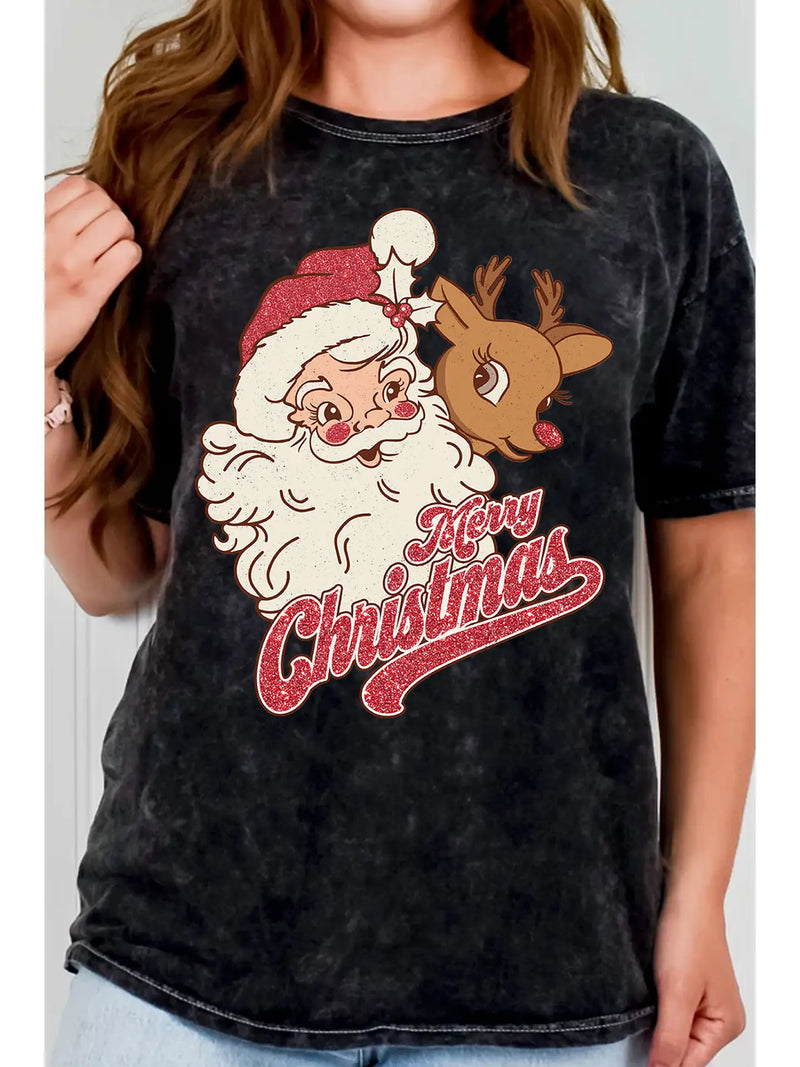 Merry Christmas Santa Rudolph Glitter Mineral Graphic Tee Black