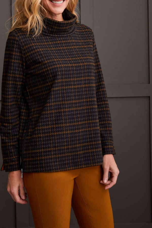 Zip Side Printed Cowl Neck Top Walnut Plaid