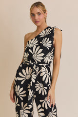 One Shoulder Floral Print Jumpsuit Black + Ivory