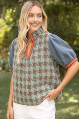 Stripe Denim Sleeve Houndstooth Tweed Top Sage