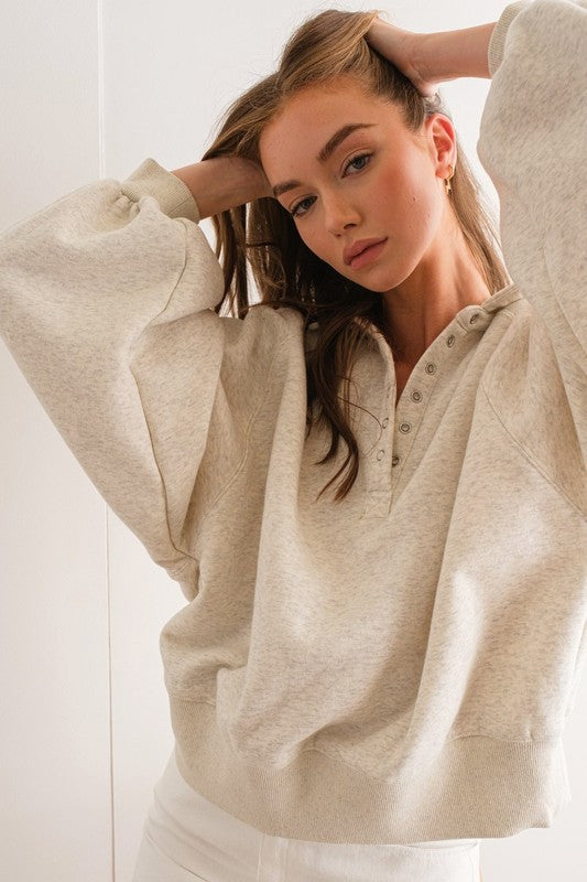 Piper Snap Button Collared Sweatshirt White Melange