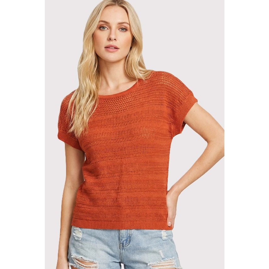 Wide Neck Pointelle Short Sleeve Sweater Top Dark Orange