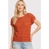 Wide Neck Pointelle Short Sleeve Sweater Top Dark Orange