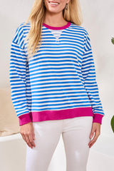Crew Neck Stripe Colorblock Sweatshirt Turkish Sea